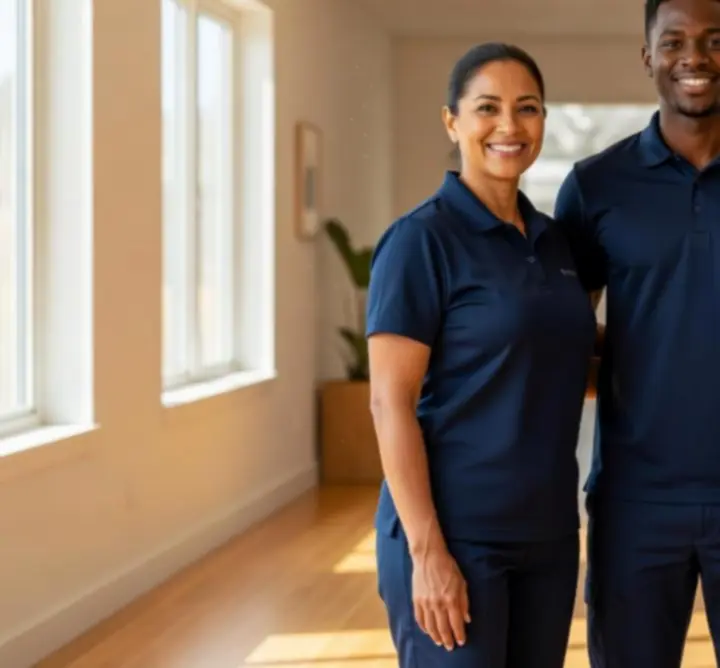 Uśmiechnięci pracownicy HomeCleanMarket w jednolitych strojach firmowych